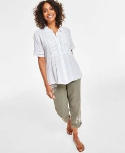 Style & Co Women's Short-Sleeve Pintuck Shirt & Embroidered-Floral Pants, Created For Macy's