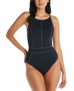 Bleu By Rod Beattie Women's A Fine Line Stitched Buckle-Waist Cross-Back One-Piece Swimsuit
