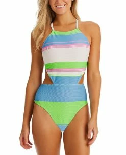 Jessica Simpson Women's Striped On The Horizon V-Front Cutout One-Piece Monokini